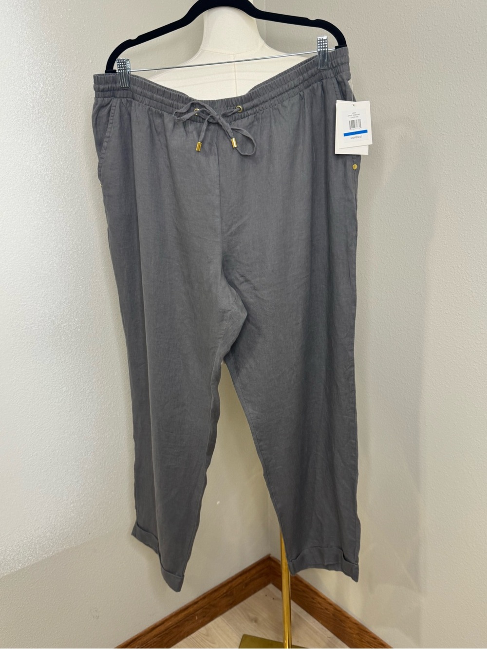 Ellen Tracy Linen Pants Women’s XL Iron Gray Pull-On Drawstring NWT $80